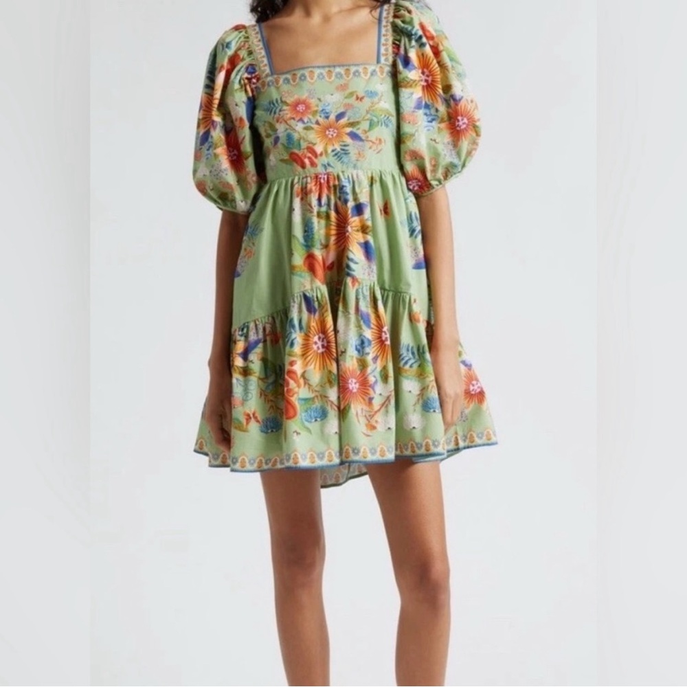 FARM Rio Green Bright Yard Floral Mini Dress